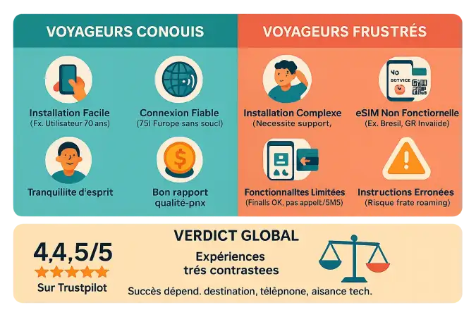 Répartition des avis Holafly sur Trustpilot : 4,5/5 avec des retours contrastés sur la fiabilité et le service client