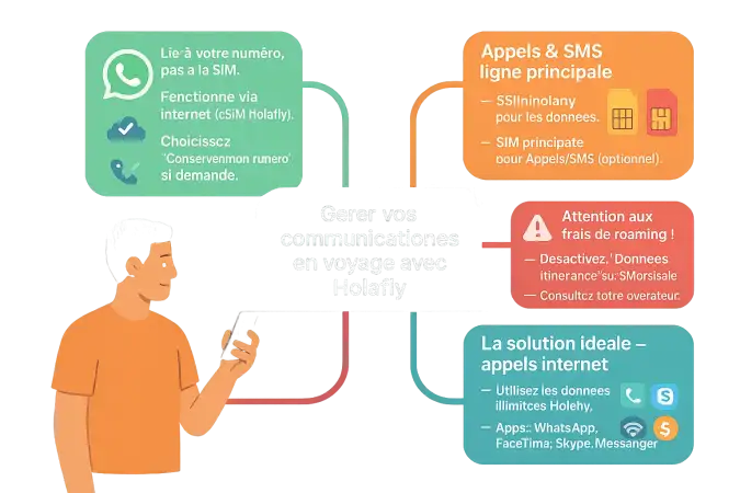 Illustration d'un smartphone utilisant une eSIM Holafly pour WhatsApp et les appels internationaux