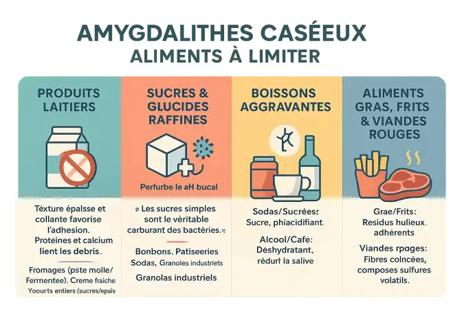 Illustration des aliments à limiter pour éviter les amygdales casées