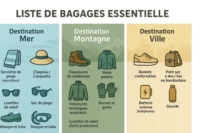 Illustration d'une valise ouverte avec des accessoires de voyage organisés