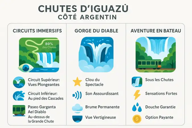Vue panoramique des chutes d'Iguazú côté argentin avec la Gorge du Diable en arrière-plan