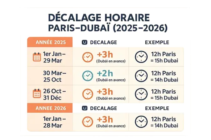 Carte illustrée du décalage horaire entre Paris et Dubaï