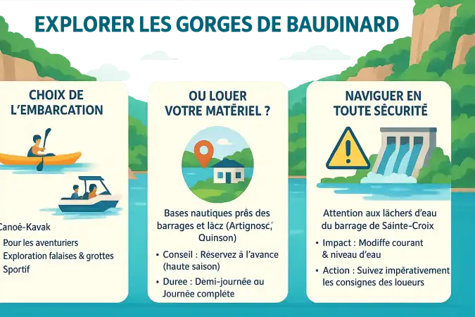 Vue aérienne des Gorges de Baudinard avec des embarcations sur l'eau turquoise