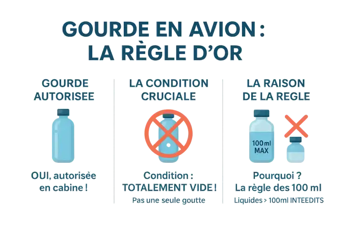 Illustration d'une personne passant un contrôle de sécurité avec une gourde vide