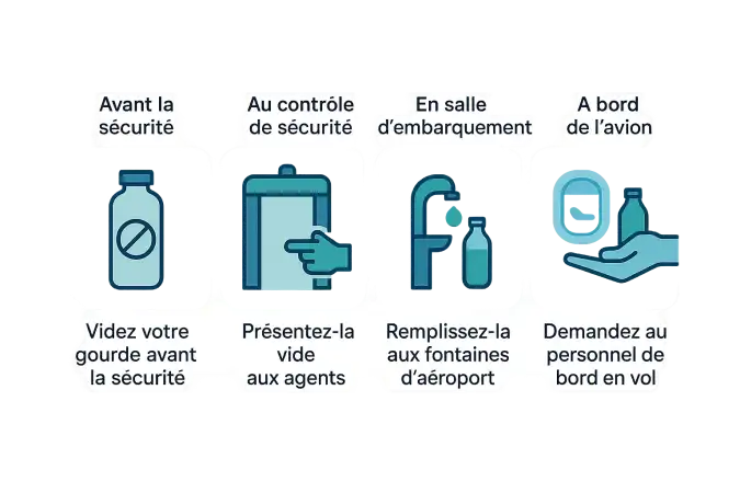 Illustration d'une personne remplissant une gourde à une fontaine d'aéroport