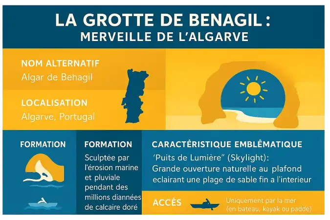 Grotte de Benagil avec son ouverture dans le plafond et la plage intérieure