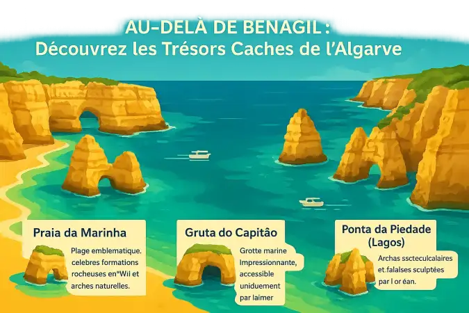 Vue aérienne de la grotte de Benagil avec son ouverture ensoleillée et la plage intérieure visible