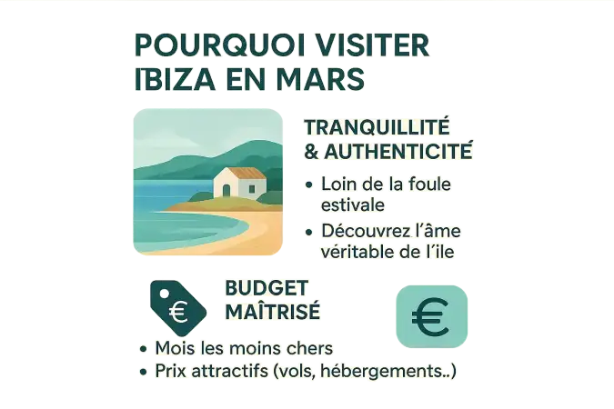 Paysage d'Ibiza en mars avec des plages désertes et des températures douces