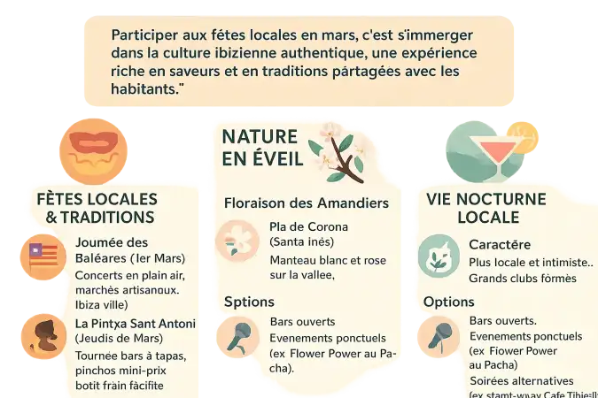 Ibiza en mars : paysage des amandiers en fleur et ambiance festive
