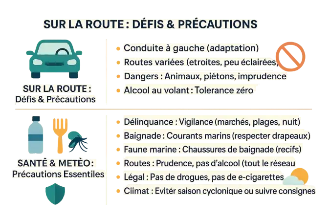 Paysage côtier de l'île Maurice avec des panneaux de sécurité routière et météorologique
