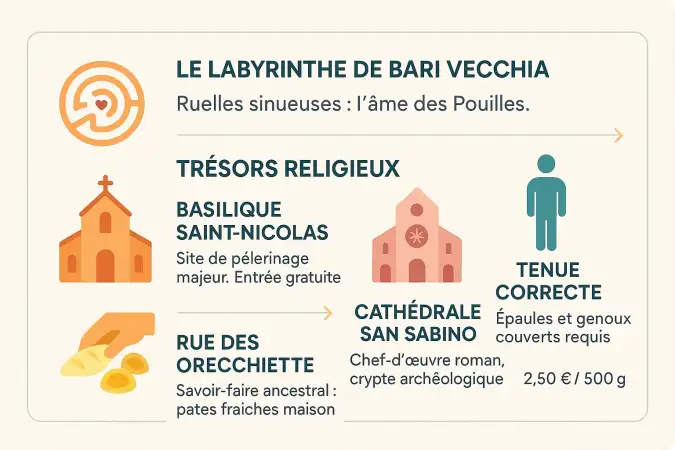 Vue sur les ruelles de Bari Vecchia avec des cordes à linge et des habitants préparant des pâtes à la main