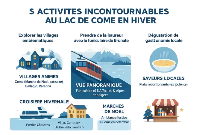 Lac de Côme en hiver avec paysage enneigé et villages illuminés