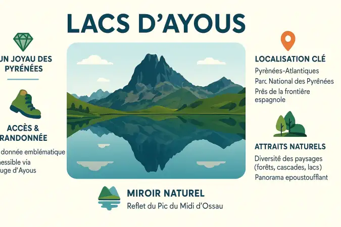 Vue aérienne des Lacs d'Ayous entourés par le Pic du Midi d'Ossau et les Pyrénées