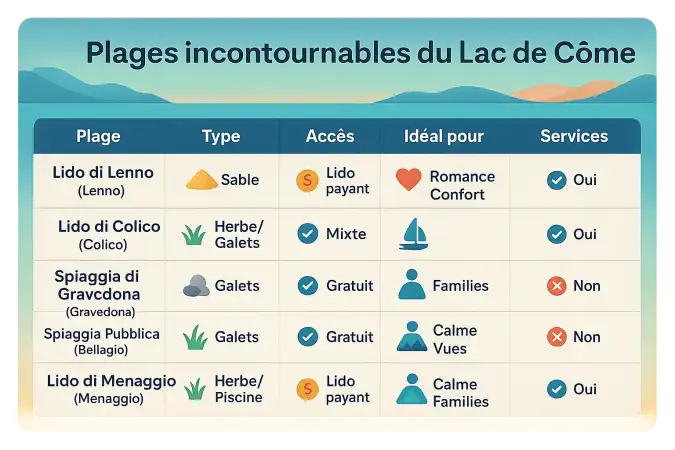 Vue aérienne des plages du lac de Côme avec eau turquoise et montagnes