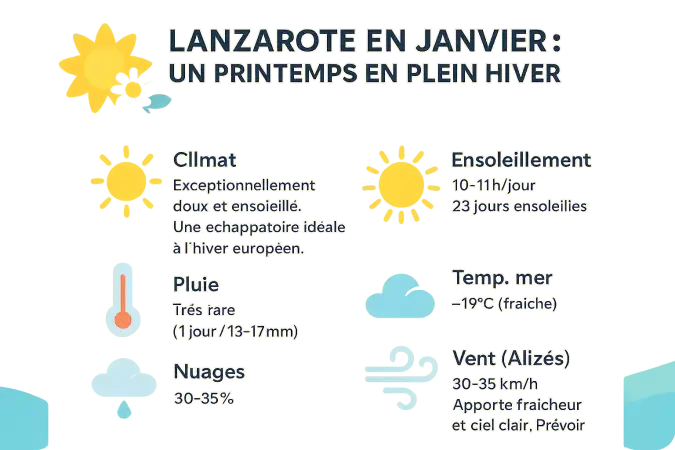 Paysage de Lanzarote en janvier avec ciel dégagé et mer azurée