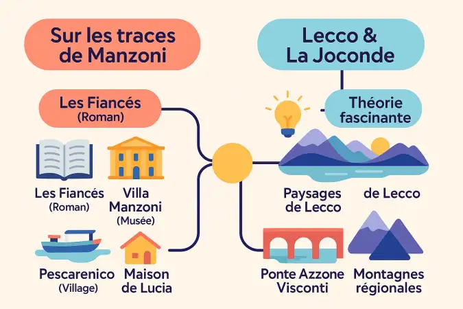 Paysage de Lecco avec le lac et les montagnes, évoquant les inspirations artistiques de Manzoni et Léonard de Vinci