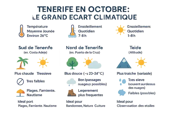 Comparaison climatique Tenerife nord et sud en octobre