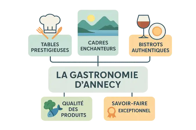 Vue sur le lac d'Annecy avec des spécialités culinaires locales