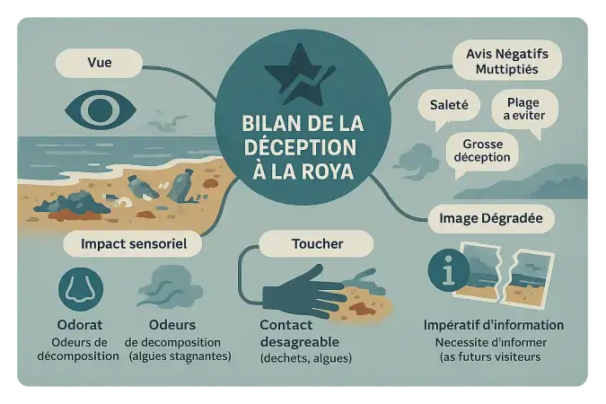 Plage de la Roya en été, illustrant la dégradation environnementale