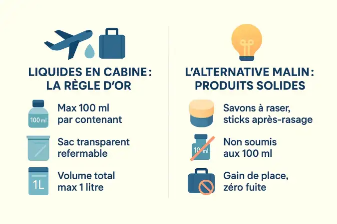 Illustration des règles pour les liquides et solides en cabine