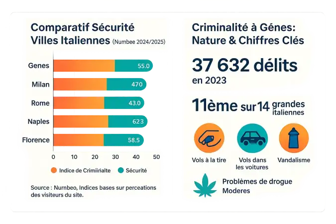 Carte de sécurité de Gênes avec zones à risque et statistiques comparatives
