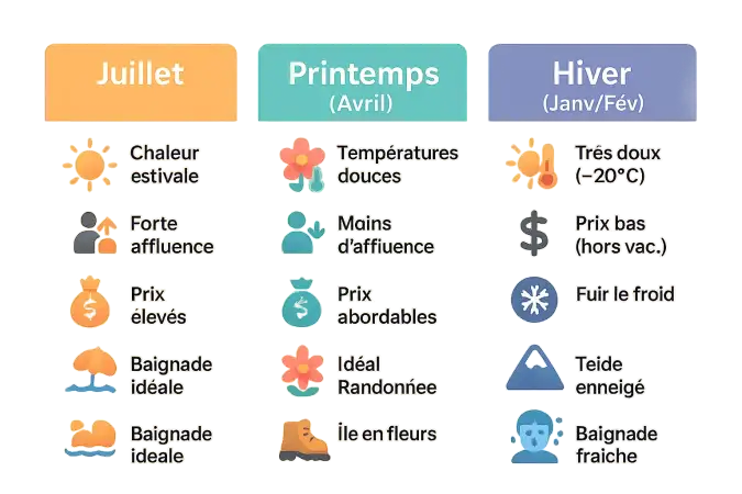 Comparaison des saisons à Tenerife : juillet, printemps et hiver