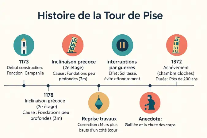Tour de Pise en construction avec échafaudages historiques