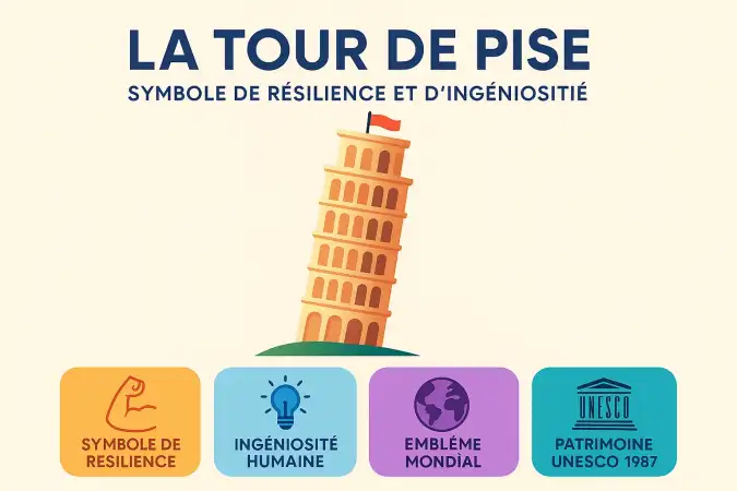 Infographie de la tour de Pise illustrant son inclinaison et les travaux de stabilisation