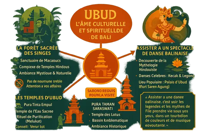 Rizières en terrasses d'Ubud entourées de jungle et de culture balinaise