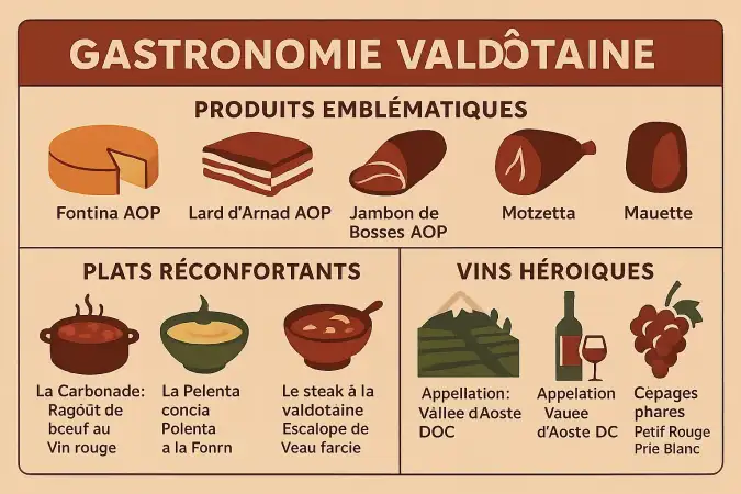 Cuisine valdôtaine avec fromage, charcuterie et vin