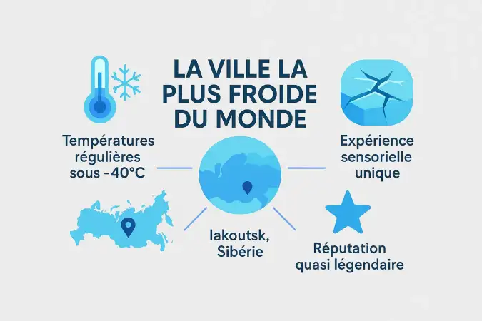 Carte des villes les plus froides du monde : Iakoutsk (-67,8°C), Norilsk (-50°C), Ulaanbaatar (-40°C), Winnipeg (-20°C)