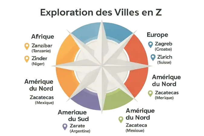 Carte du monde avec des pointillés indiquant des villes commençant par Z