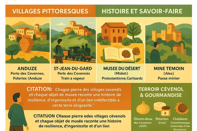 Village médiéval des Cévennes avec ruelles pavées et paysage montagneux