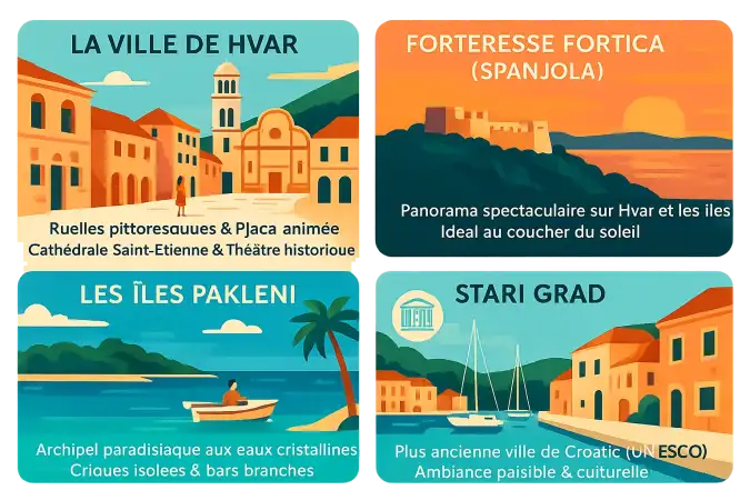 Paysage de Hvar avec ses îles Pakleni et sa forteresse Španjola