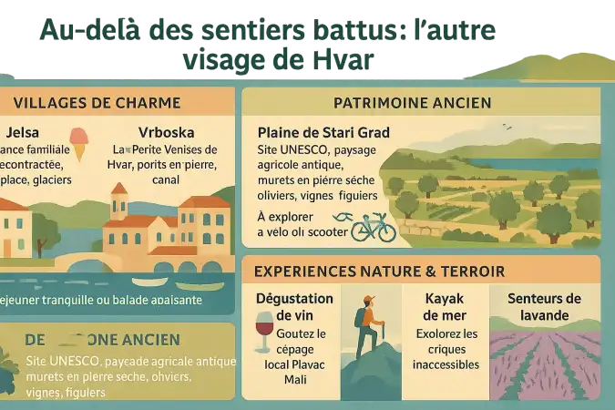 Paysage de Hvar avec champs de lavande et villages côtiers