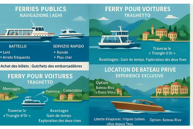 Vue aérienne du lac de Côme avec des bateaux naviguant sur ses eaux turquoise