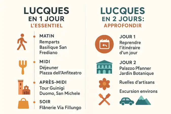 Carte des itinéraires de visite de Lucques en 1 ou 2 jours