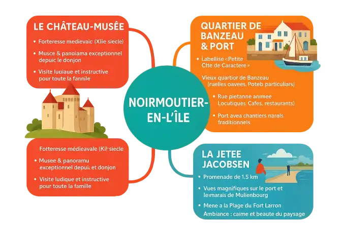 Vue aérienne de Noirmoutier-en-l'île avec son château et le port