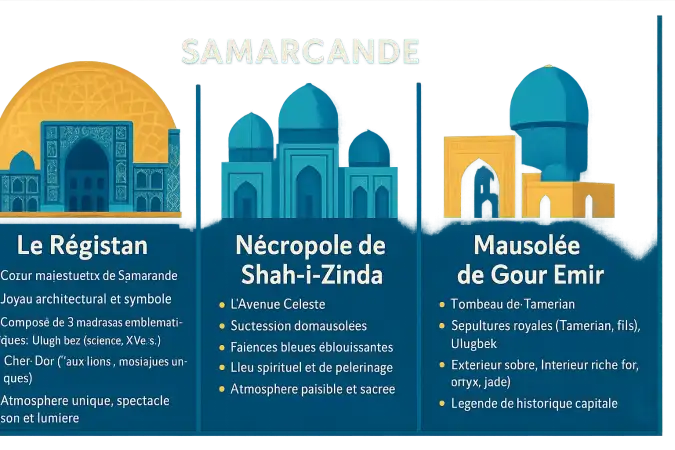 Vue aérienne de la place du Registan à Samarcande