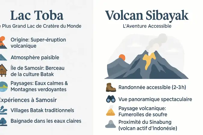 Vue aérienne du lac Toba entouré de montagnes verdoyantes, avec l'île de Samosir au centre et le volcan Sibayak au loin