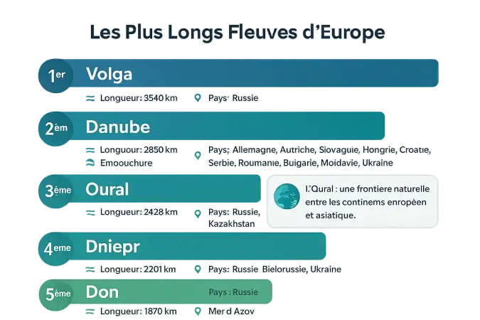 Carte des plus longs fleuves d'Europe