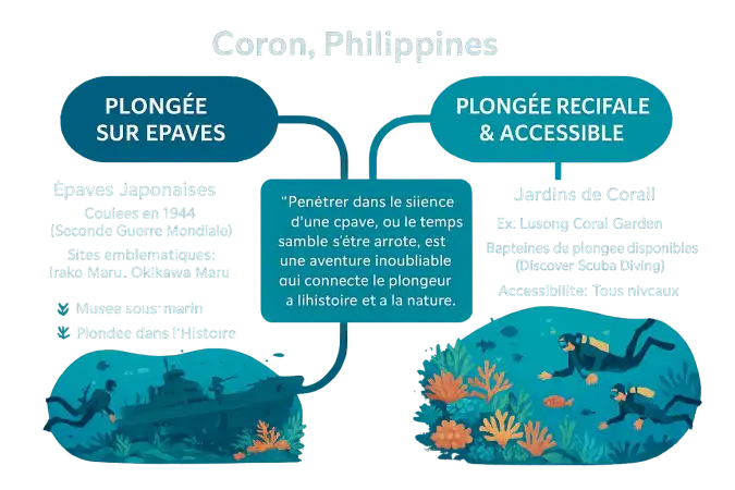 Paysage sous-marin de Coron avec des épaves et des coraux colorés